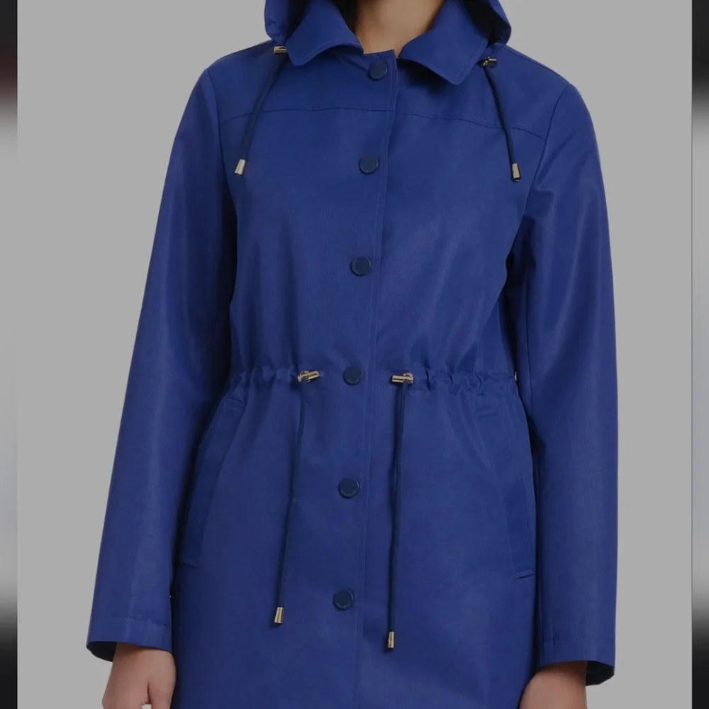 Kate Spade Royal Blue Hooded Drawstring Trench Coat Magic Print Rain Jacket XL